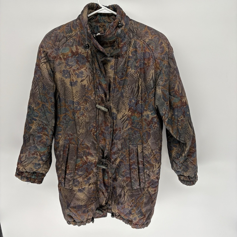 Vintage 80s Abstract Parka Toggle Closure & Zip Padded Shoulders Women 6